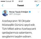 Ərdoğan müstəqillik günümüzü Azərbaycan dilində təbrik etdi — FOTO