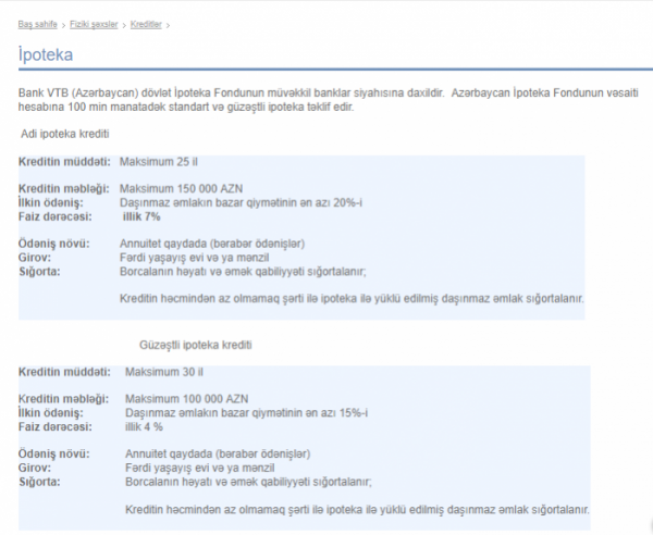 "Bank VTB" (Azərbaycan) ipoteka kreditində müştərilərinin cibinə girir