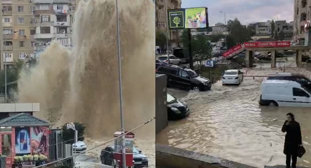 Yasamalda su borusu partladı, ətrafı su basdı – VİDEO