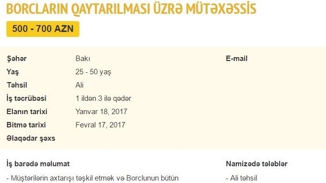 Borcu olanlardan pulu zorla almaq üçün işçi axtarılır – 700 AZN maaş