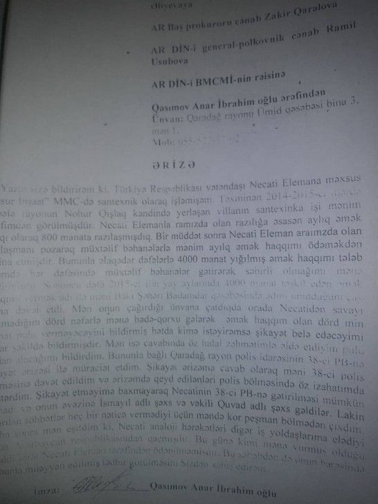 Türk “iş adamı”ndan istintaqa təzyiq: “Ərdoğana deyəcəm, Türkiyə mediasına çıxaracam…”-ŞİKAYƏT+VİDEO