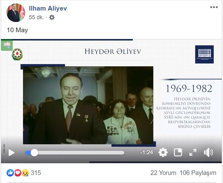 Prezident “Facebook”da Heydər Əliyevin anadan olmasının 96-cı ildönümünə həsr edilmiş videoçarx paylaşıb