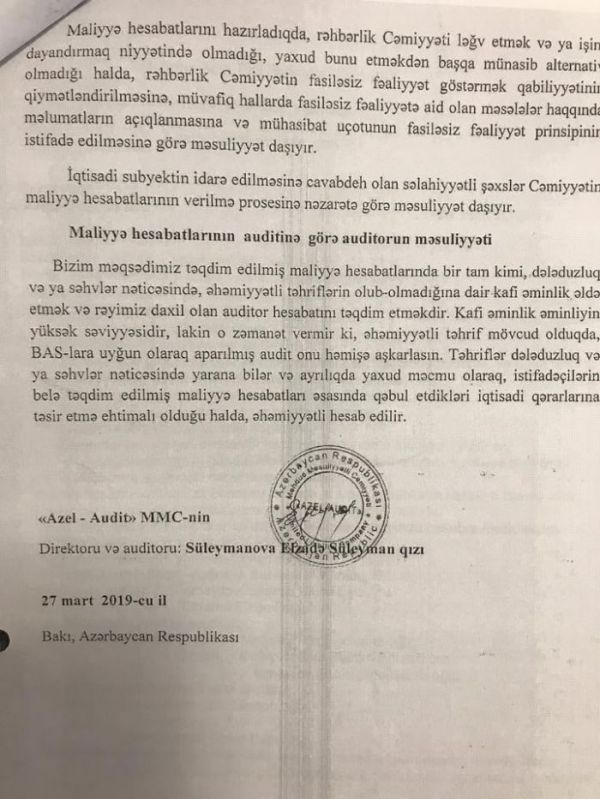 “Muğan” Açıq Səhmdar Cəmiyyətinin auditor rəyi