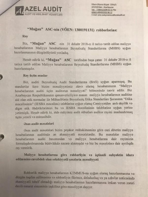 “Muğan” Açıq Səhmdar Cəmiyyətinin auditor rəyi